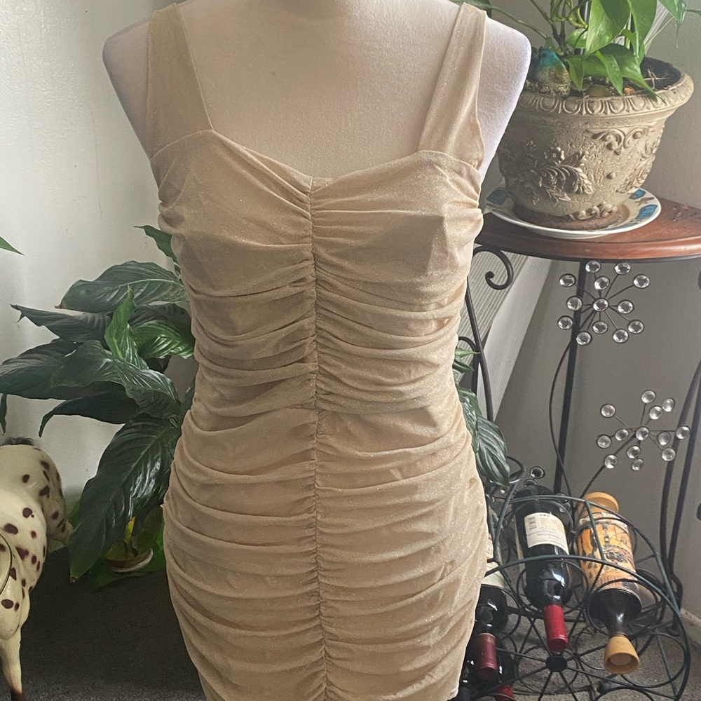 TFNC Gathered Tan Mini Dress